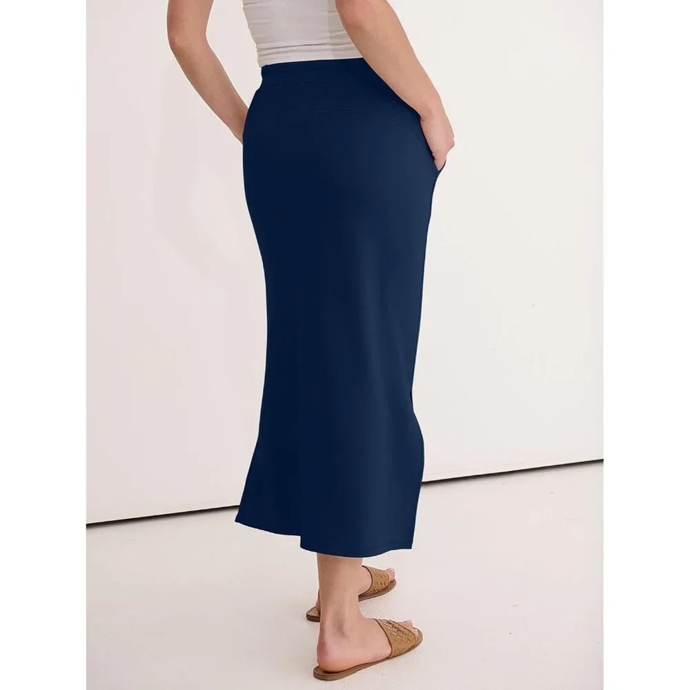 Women's Navy Blue Drawstring Side Slit Spring Casual Pencil Pockets Maxi Skirt - Picture 4 of 6